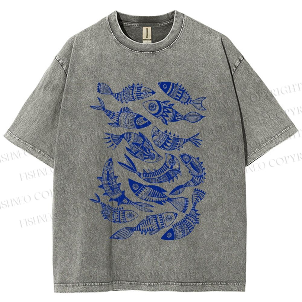 Unisex Vintage Fish Graffiti Printed Washed Tee
