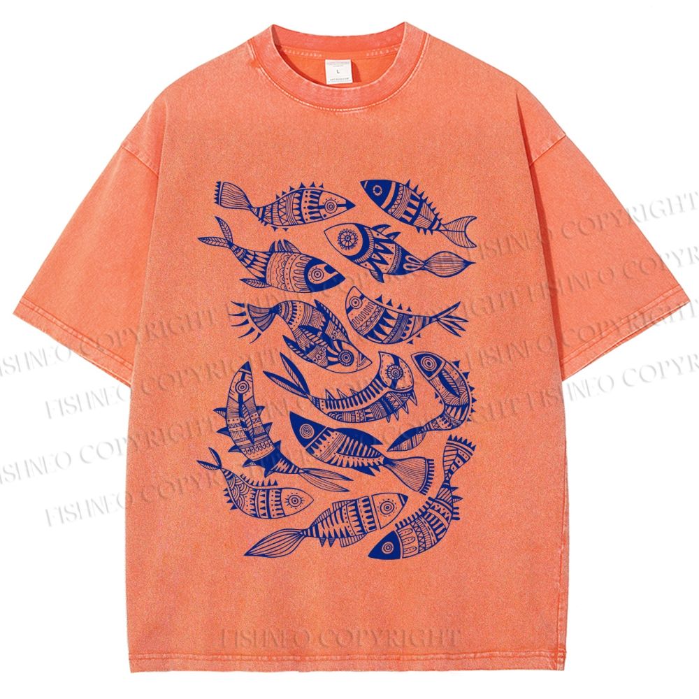 Unisex Vintage Fish Graffiti Printed Washed Tee