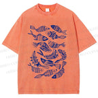 Unisex Vintage Fish Graffiti Printed Washed Tee