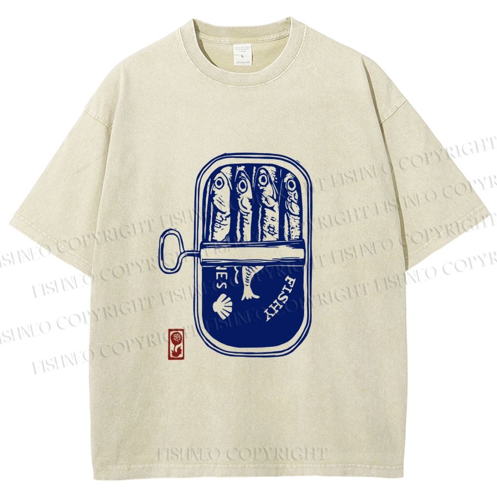 Unisex Vintage Sardine Fish Can Printed Washed Tee