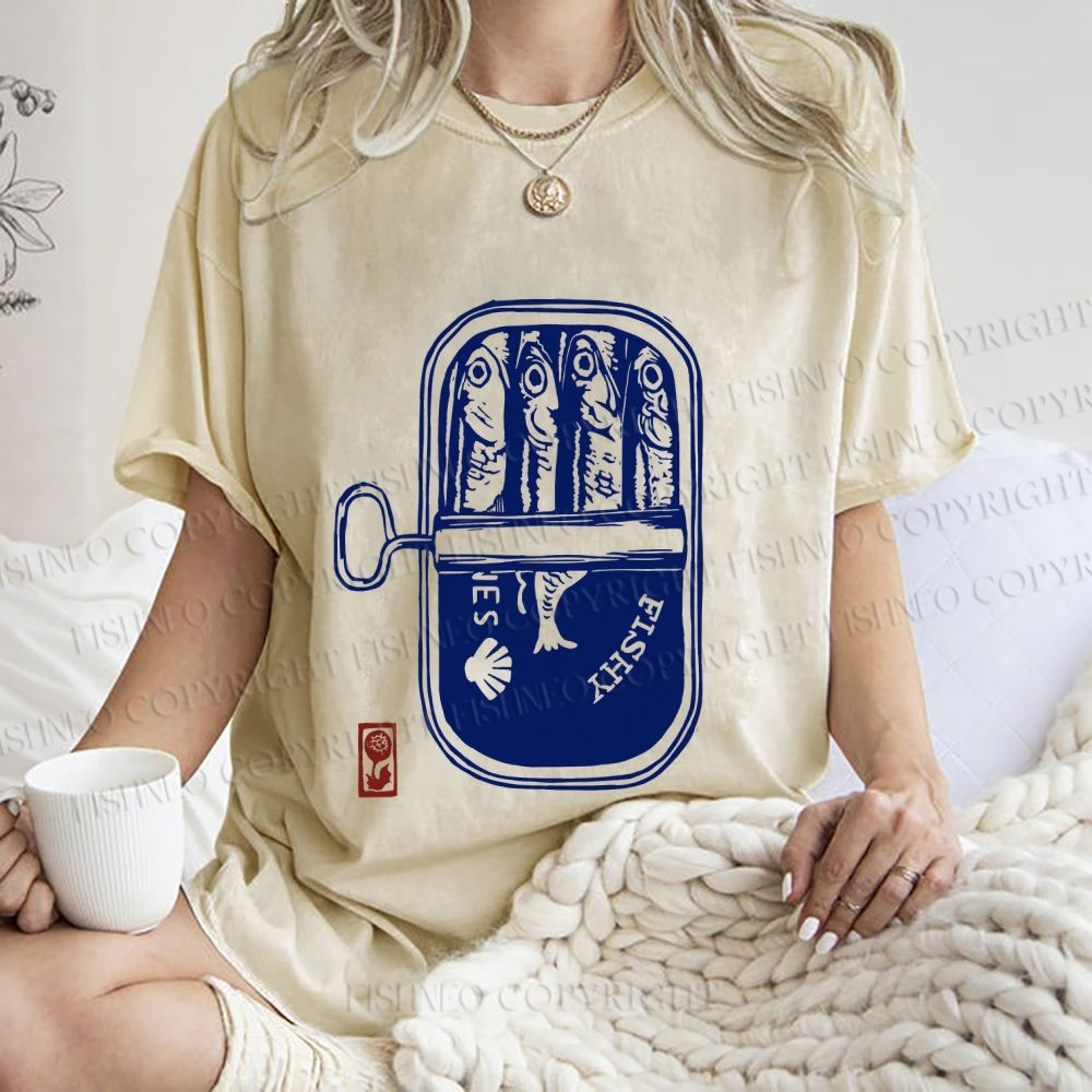 Unisex Vintage Sardine Fish Can Printed Washed Tee