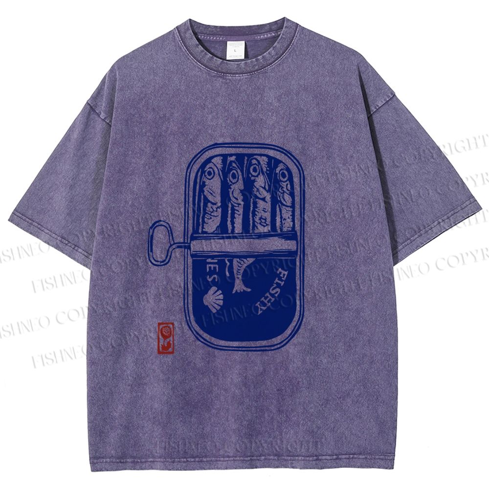 Unisex Vintage Sardine Fish Can Printed Washed Tee