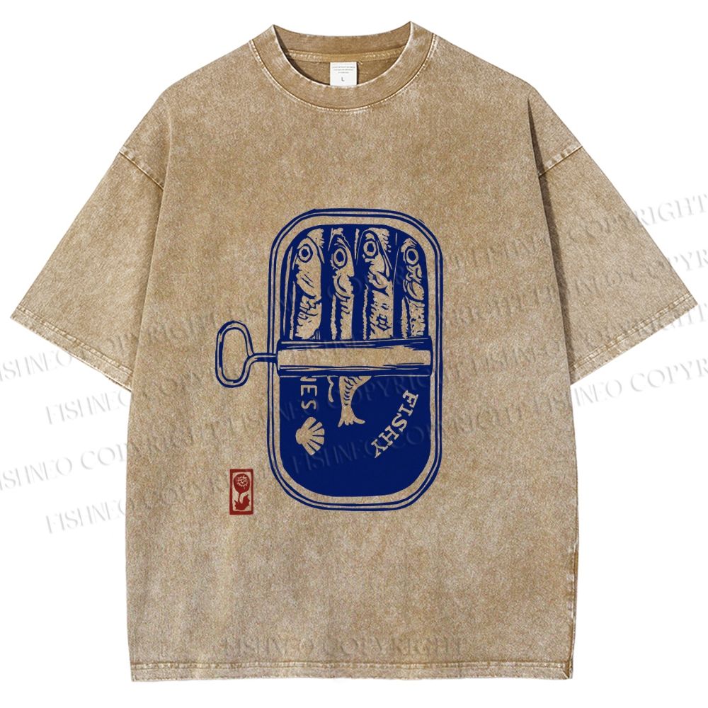 Unisex Vintage Sardine Fish Can Printed Washed Tee
