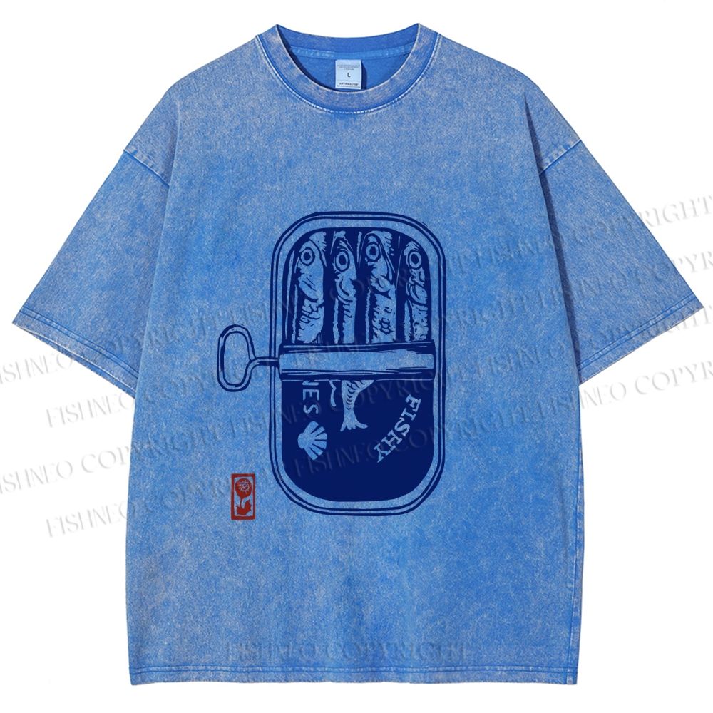 Unisex Vintage Sardine Fish Can Printed Washed Tee