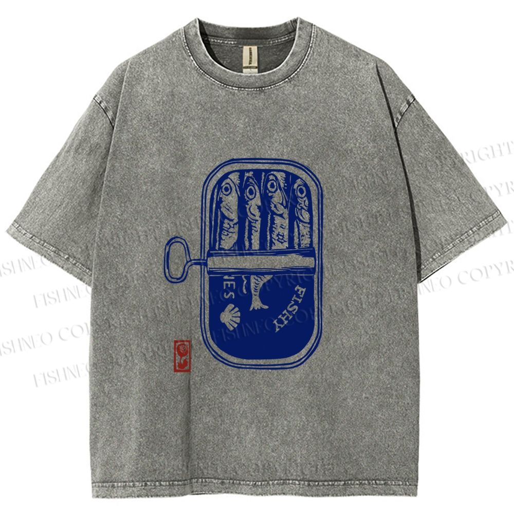 Unisex Vintage Sardine Fish Can Printed Washed Tee