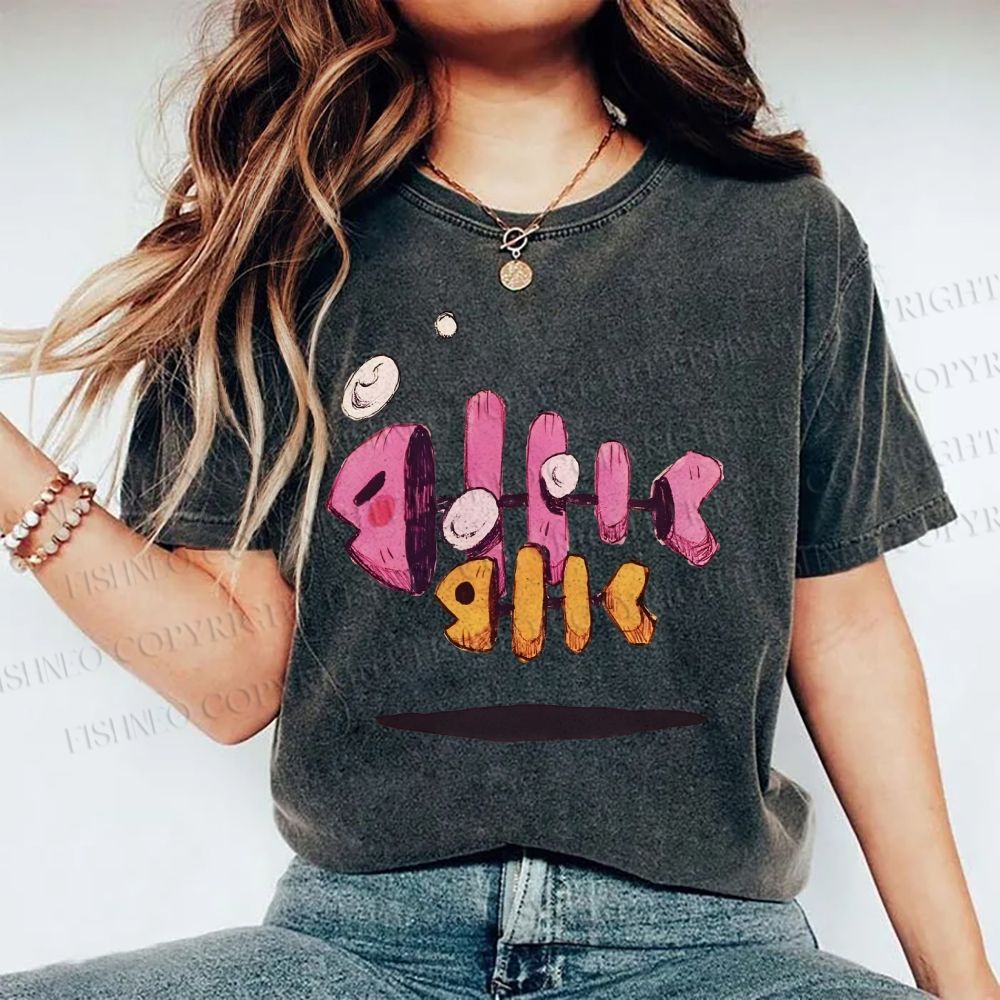 Unisex Colored Art Fish Bones Printed Washed Tee