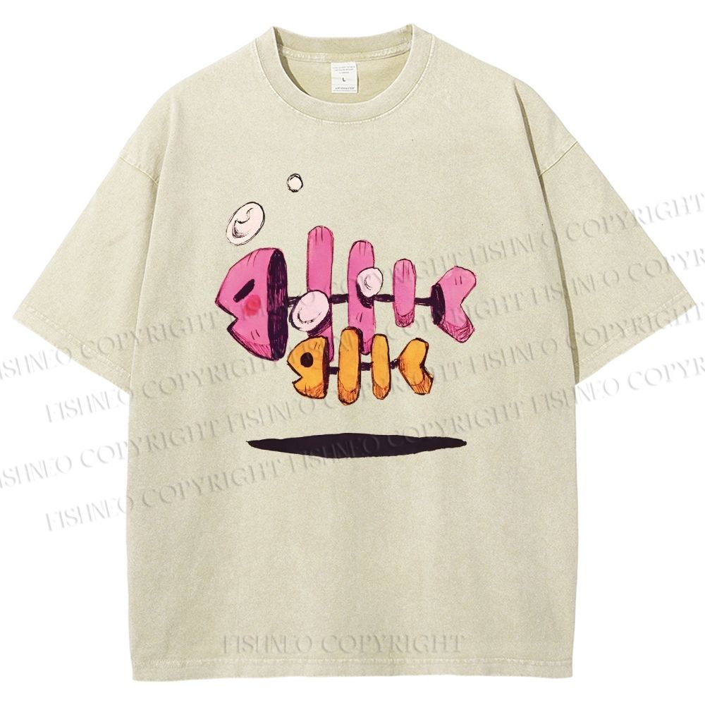 Unisex Colored Art Fish Bones Printed Washed Tee