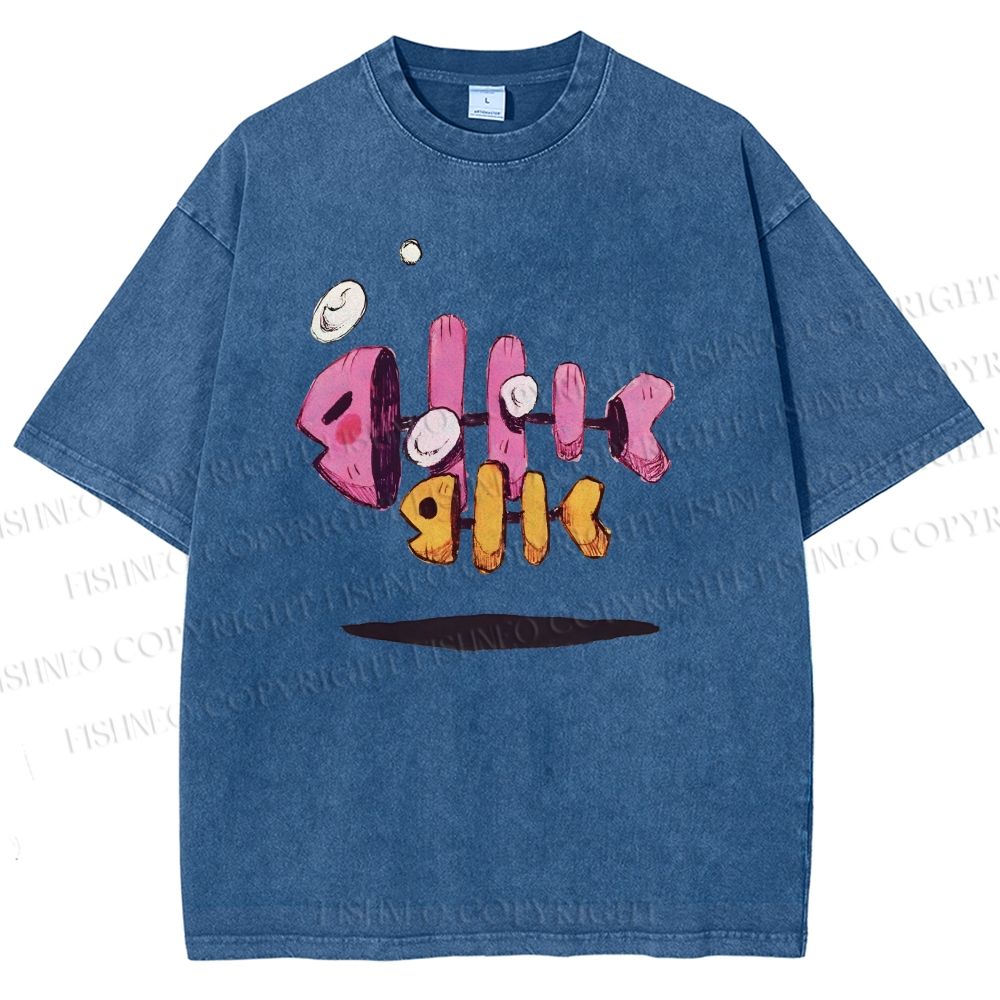 Unisex Colored Art Fish Bones Printed Washed Tee