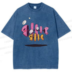 Unisex Colored Art Fish Bones Printed Washed Tee