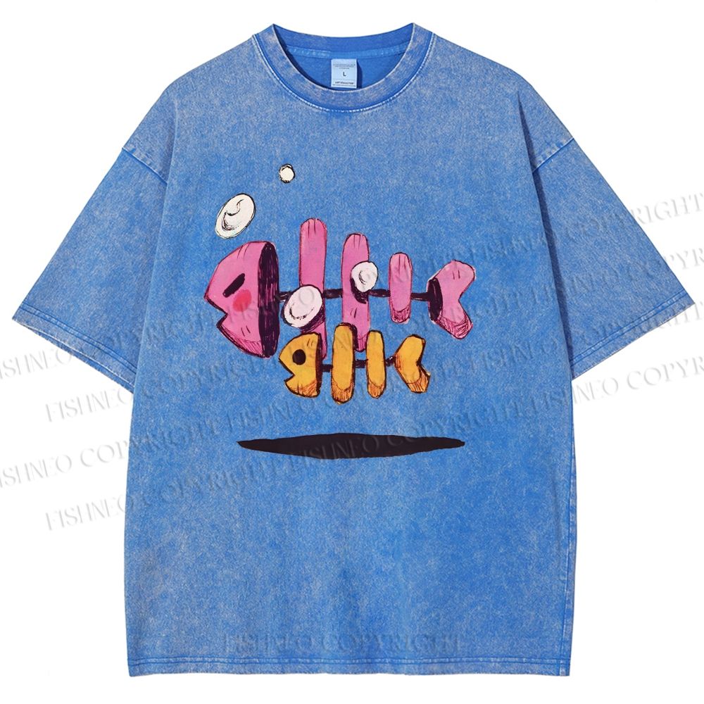 Unisex Colored Art Fish Bones Printed Washed Tee