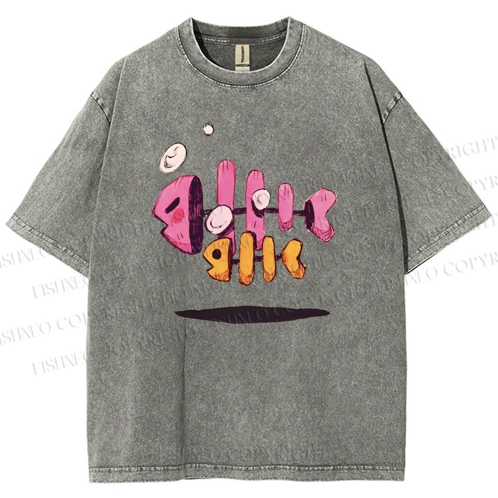 Unisex Colored Art Fish Bones Printed Washed Tee