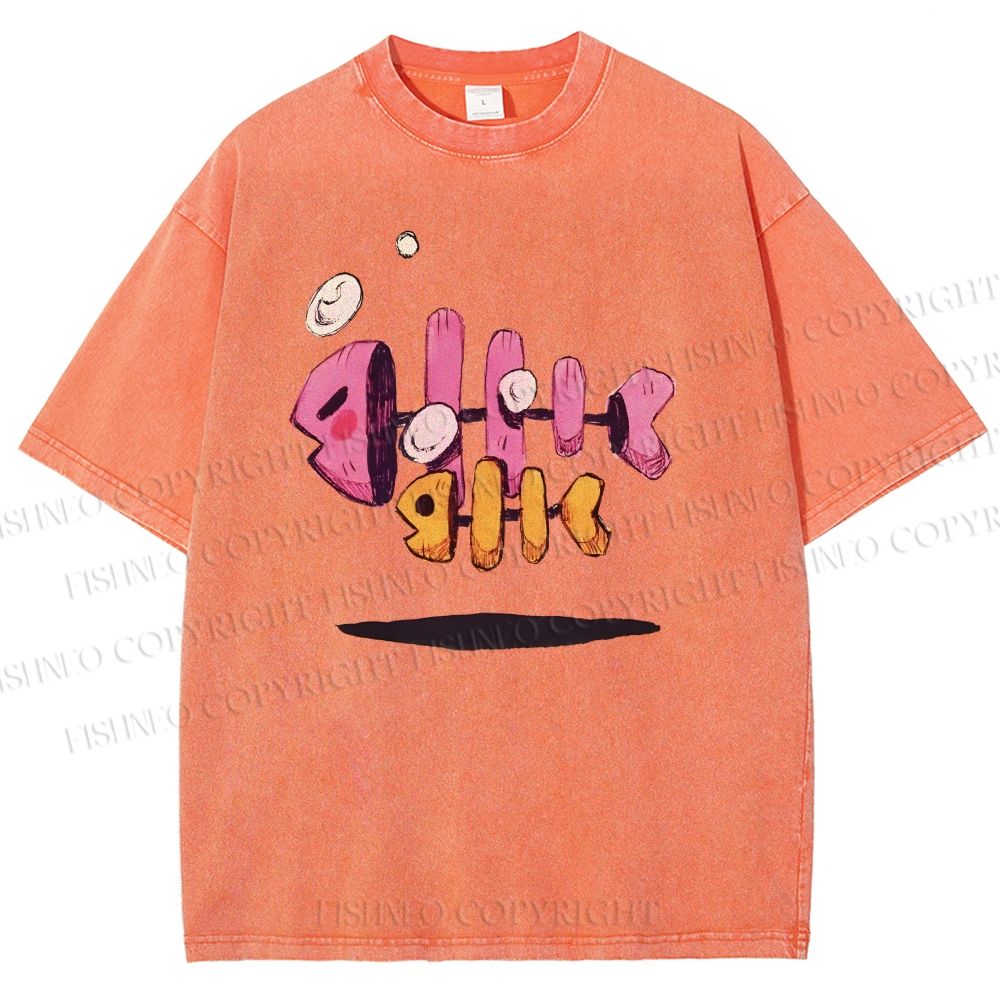 Unisex Colored Art Fish Bones Printed Washed Tee