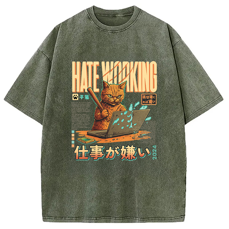 A Cat That Hates Working Washed T-Shirt