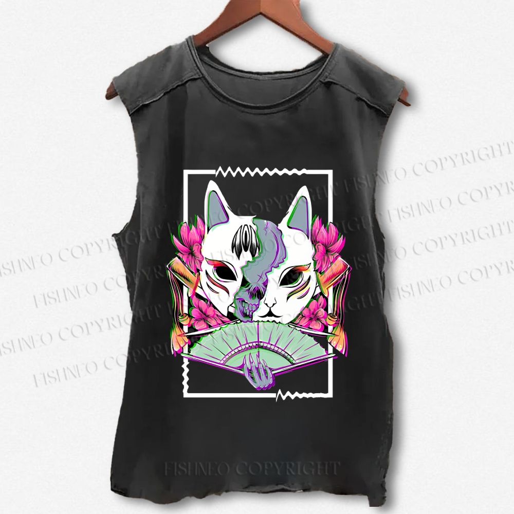 Unisex Japanese Weird Cat Printed Washed Tank Top