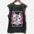 Unisex Japanese Weird Cat Printed Washed Tank Top