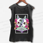 Unisex Japanese Weird Cat Printed Washed Tank Top