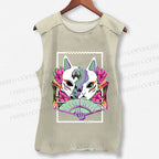 Unisex Japanese Weird Cat Printed Washed Tank Top