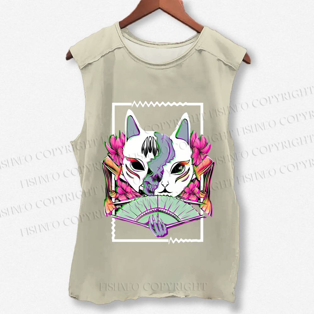 Unisex Japanese Weird Cat Printed Washed Tank Top