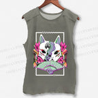 Unisex Japanese Weird Cat Printed Washed Tank Top