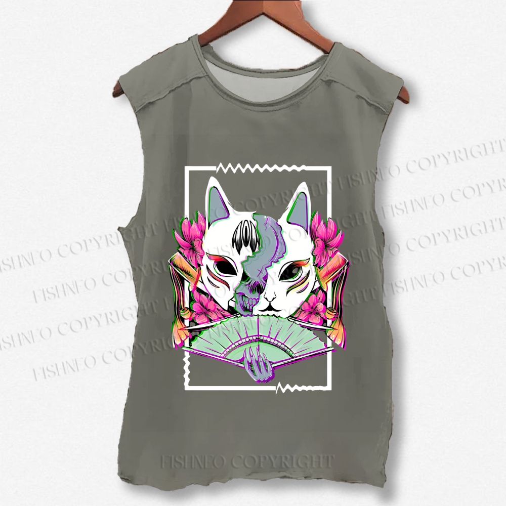 Unisex Japanese Weird Cat Printed Washed Tank Top