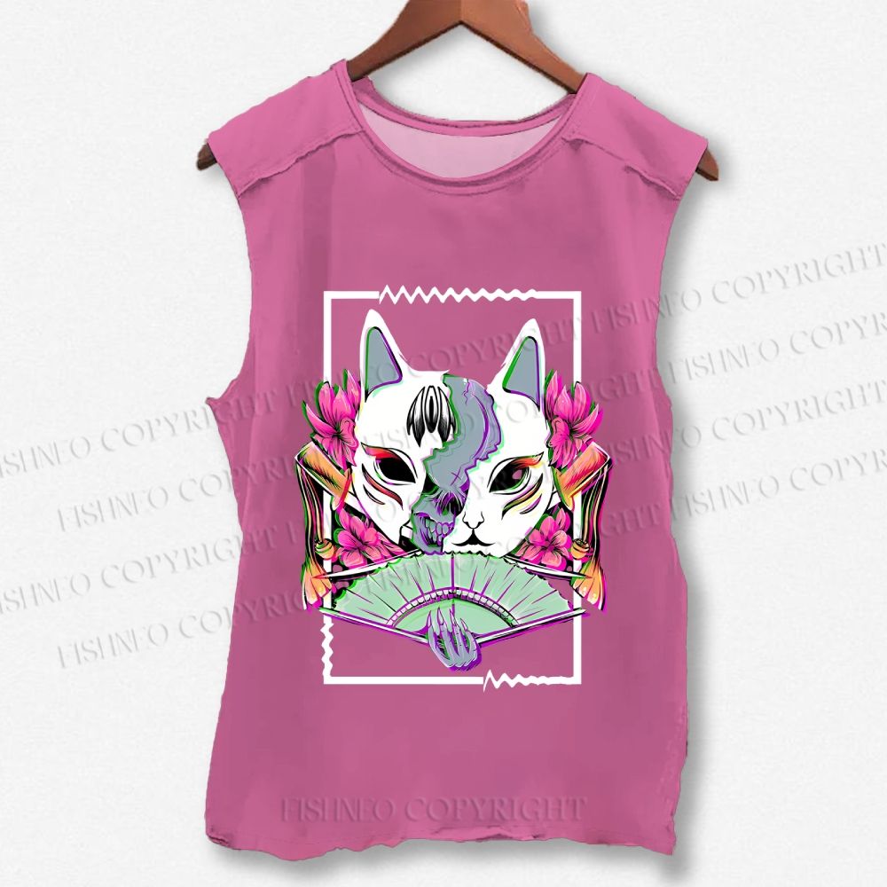 Unisex Japanese Weird Cat Printed Washed Tank Top