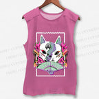 Unisex Japanese Weird Cat Printed Washed Tank Top