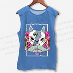 Unisex Japanese Weird Cat Printed Washed Tank Top