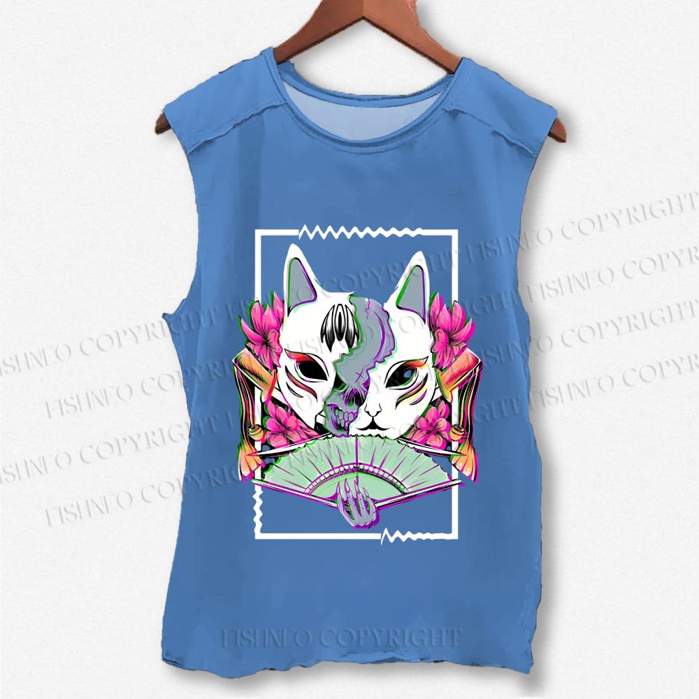 Unisex Japanese Weird Cat Printed Washed Tank Top