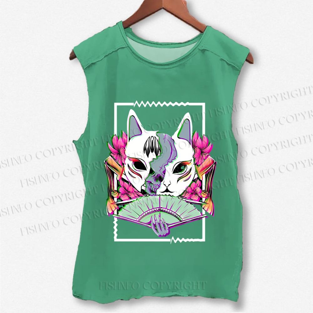 Unisex Japanese Weird Cat Printed Washed Tank Top