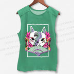Unisex Japanese Weird Cat Printed Washed Tank Top