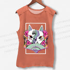Unisex Japanese Weird Cat Printed Washed Tank Top