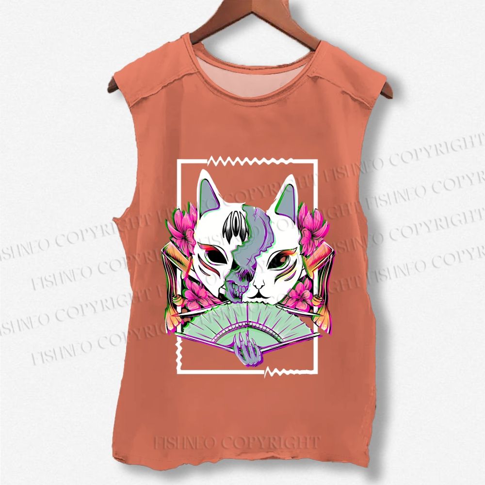 Unisex Japanese Weird Cat Printed Washed Tank Top