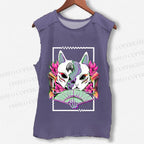 Unisex Japanese Weird Cat Printed Washed Tank Top
