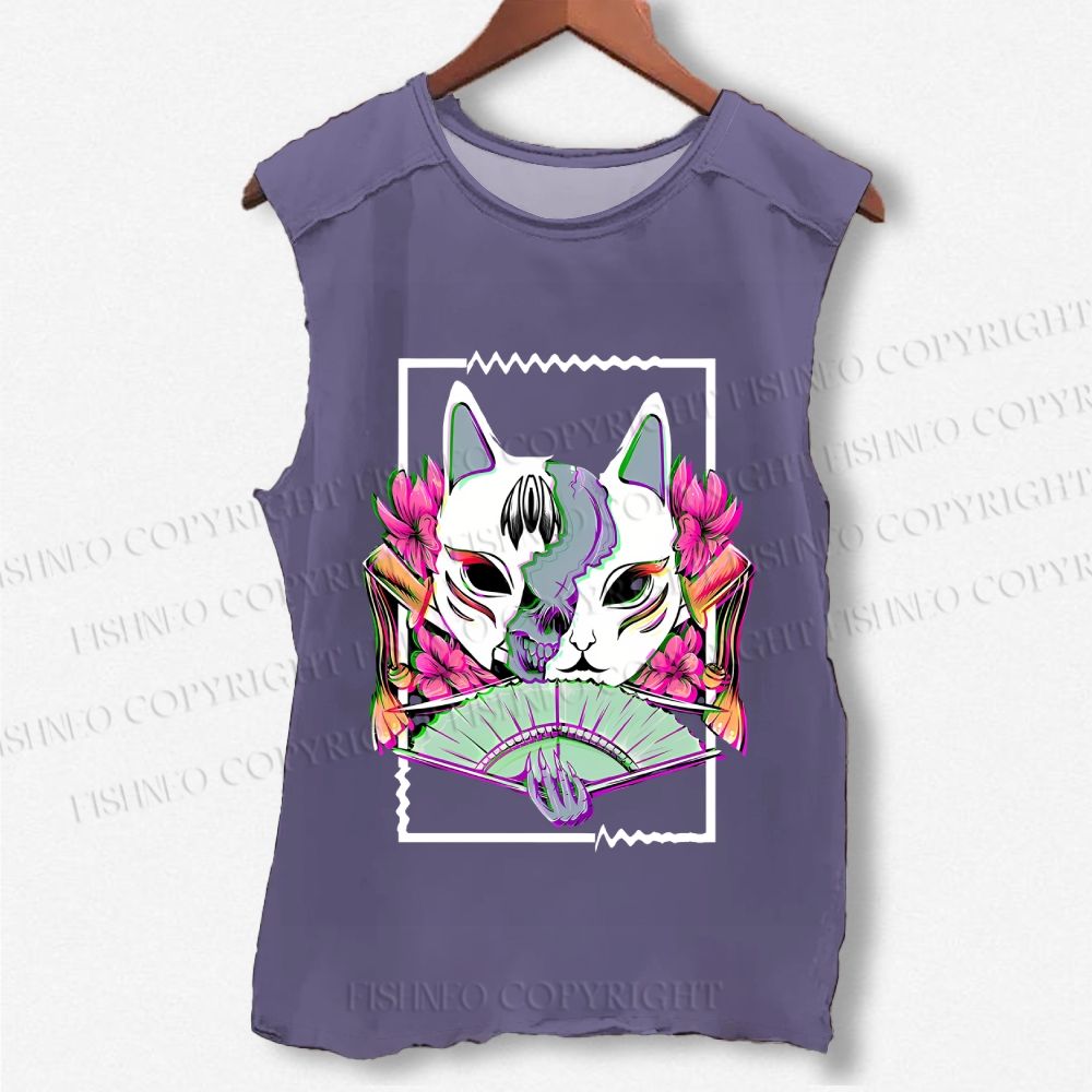 Unisex Japanese Weird Cat Printed Washed Tank Top
