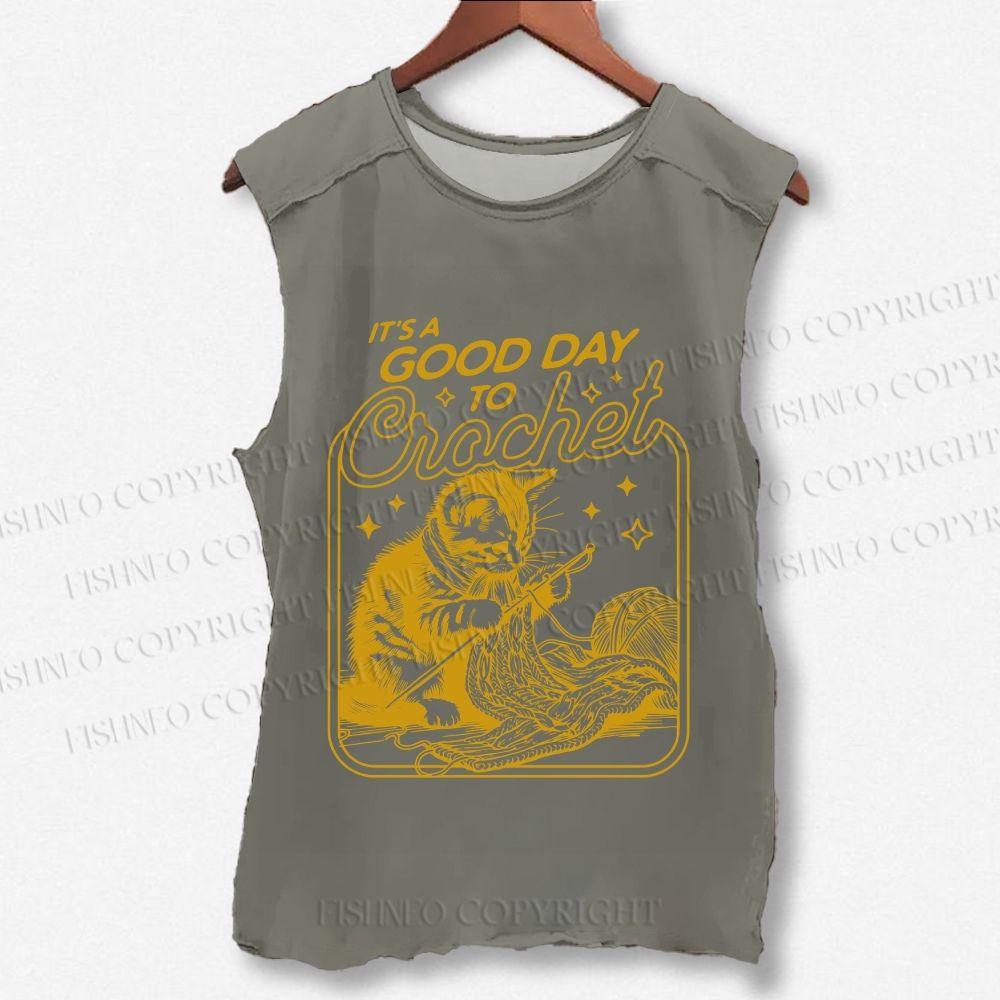 Unisex Vintage Cat Knit Printed Washed Tank Top