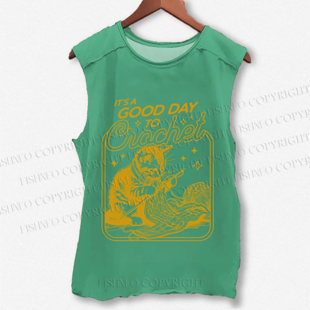 Unisex Vintage Cat Knit Printed Washed Tank Top