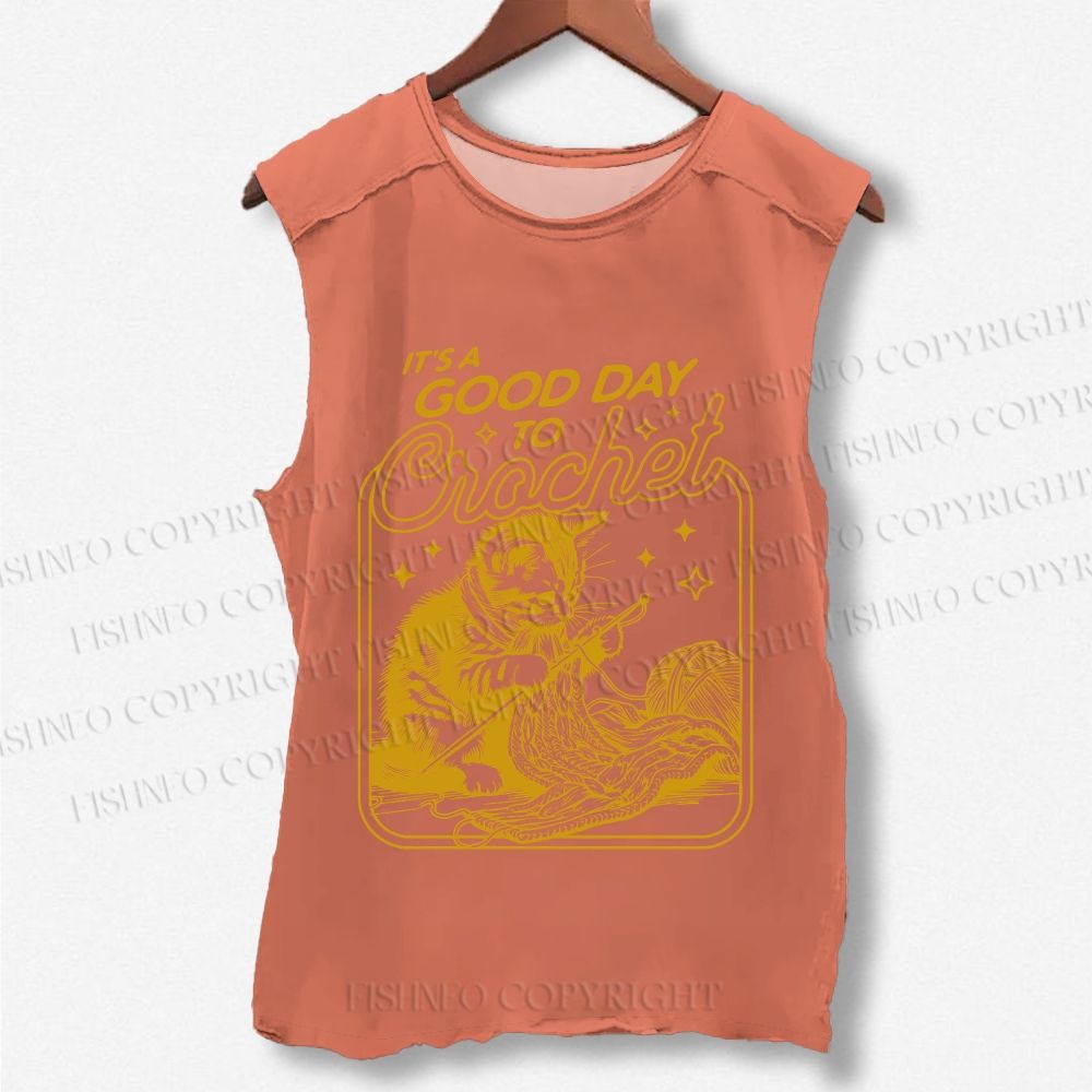 Unisex Vintage Cat Knit Printed Washed Tank Top