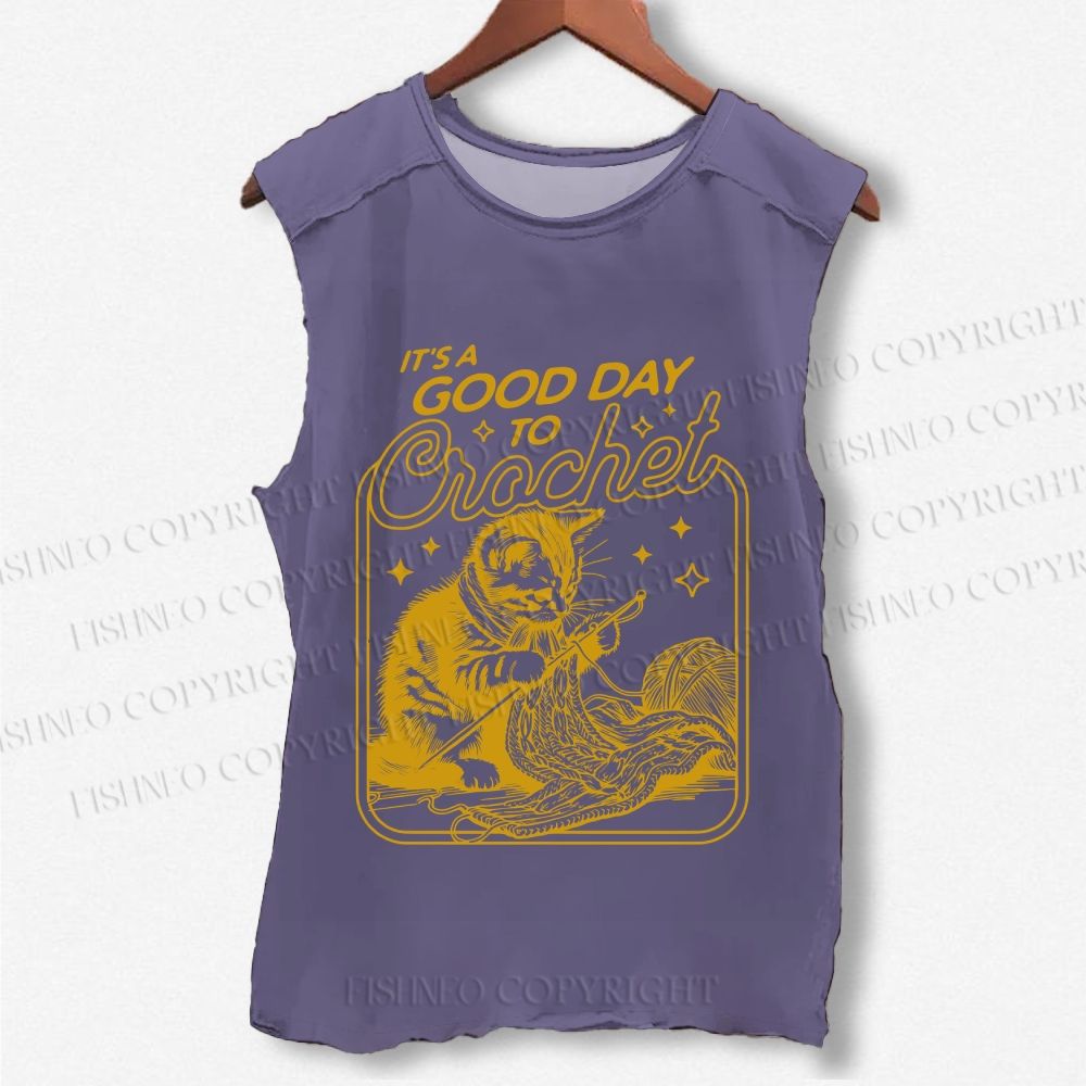 Unisex Vintage Cat Knit Printed Washed Tank Top