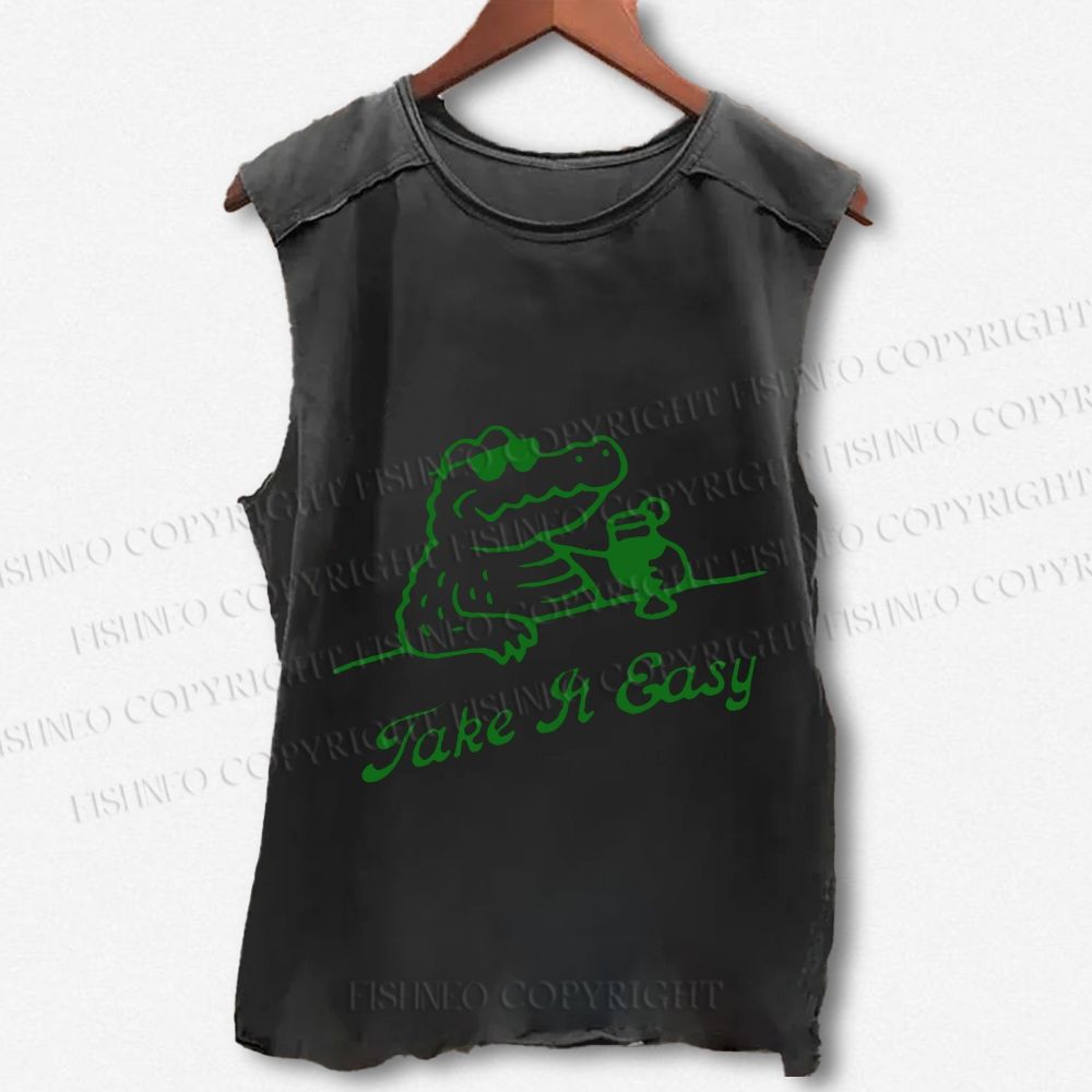 Unisex Crocodile Take It Easy Printed Washed Tank Top