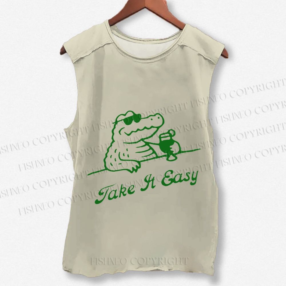 Unisex Crocodile Take It Easy Printed Washed Tank Top