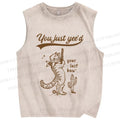 Unisex Vintage Cowboy Cat  Printed Washed Tank Top