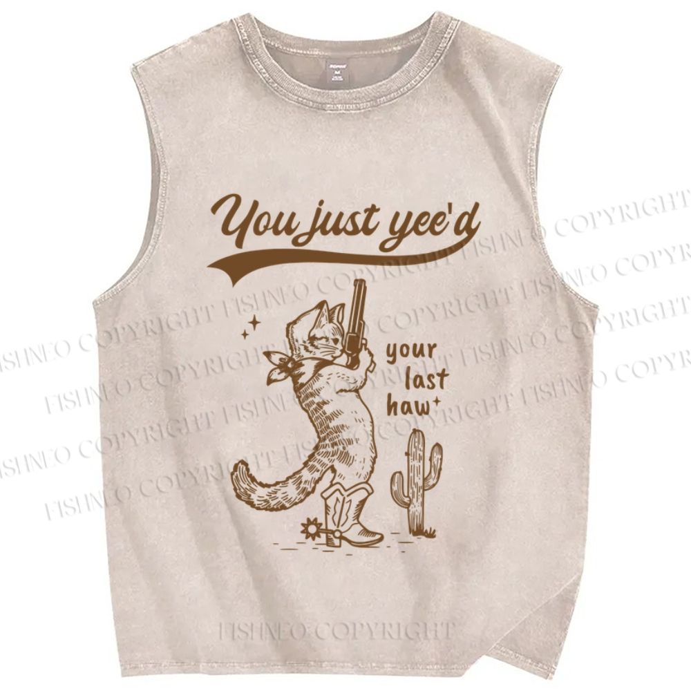 Unisex Vintage Cowboy Cat  Printed Washed Tank Top