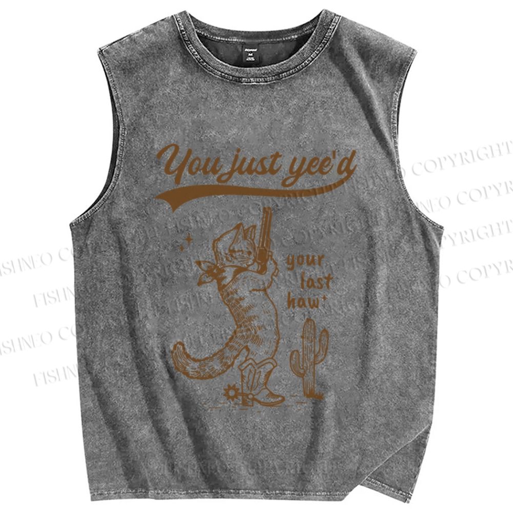 Unisex Vintage Cowboy Cat  Printed Washed Tank Top