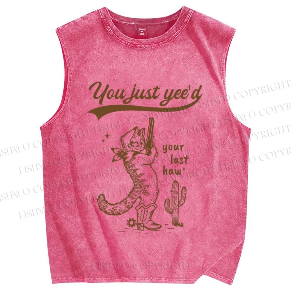 Unisex Vintage Cowboy Cat  Printed Washed Tank Top