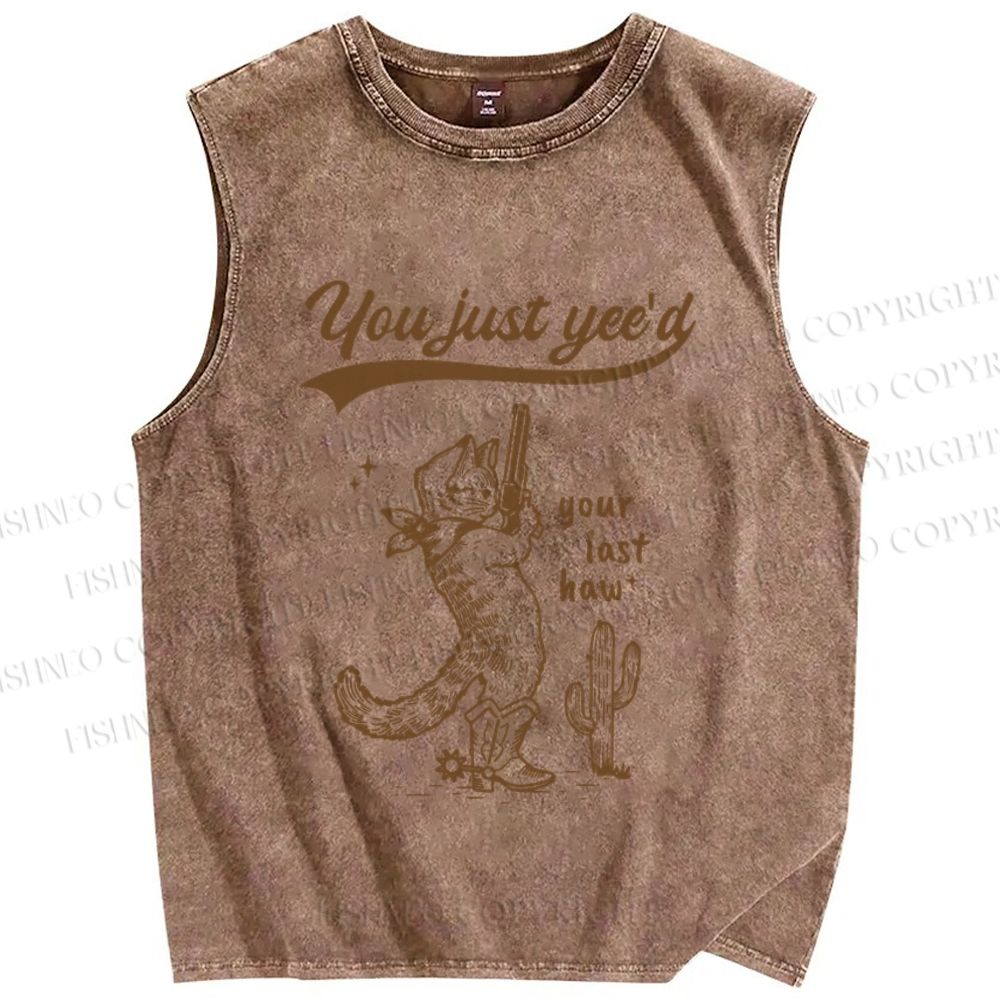 Unisex Vintage Cowboy Cat  Printed Washed Tank Top