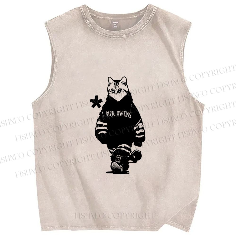 Unisex Vintage Cool Cat Printed Washed Tank Top