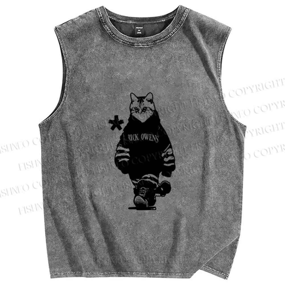 Unisex Vintage Cool Cat Printed Washed Tank Top