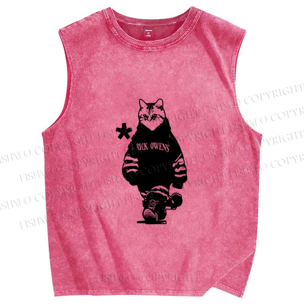 Unisex Vintage Cool Cat Printed Washed Tank Top