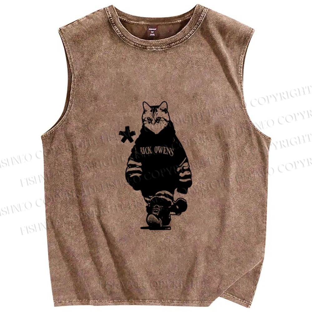 Unisex Vintage Cool Cat Printed Washed Tank Top