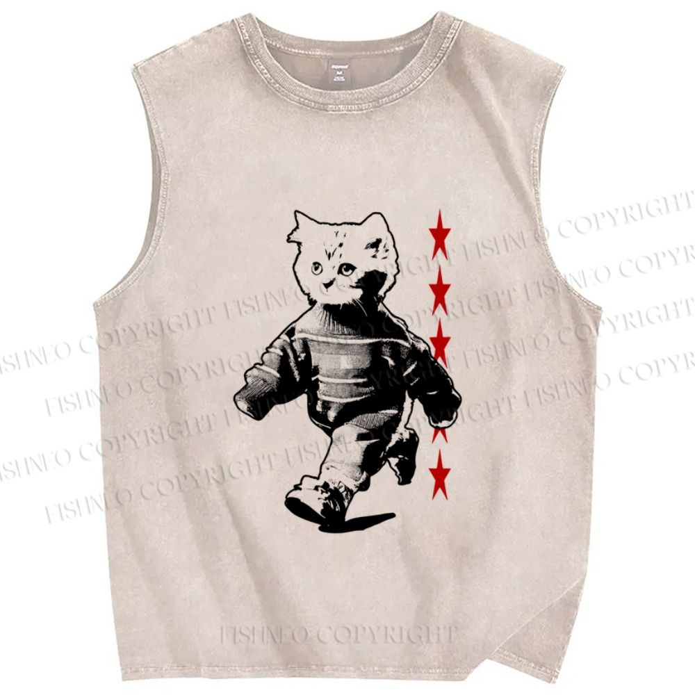 Unisex Vintage Cat Printed Washed Tank Top